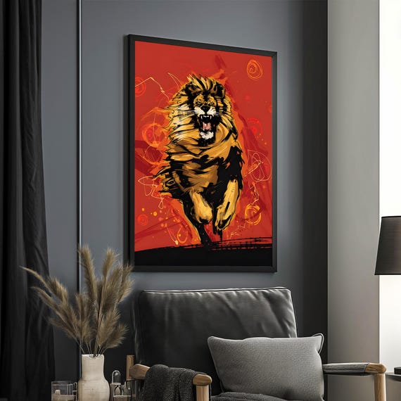 Fierce Lion Abstract Painting Bold Wall Art Animal Art Ready To Hang Unique Gift Vibrant Home Decor