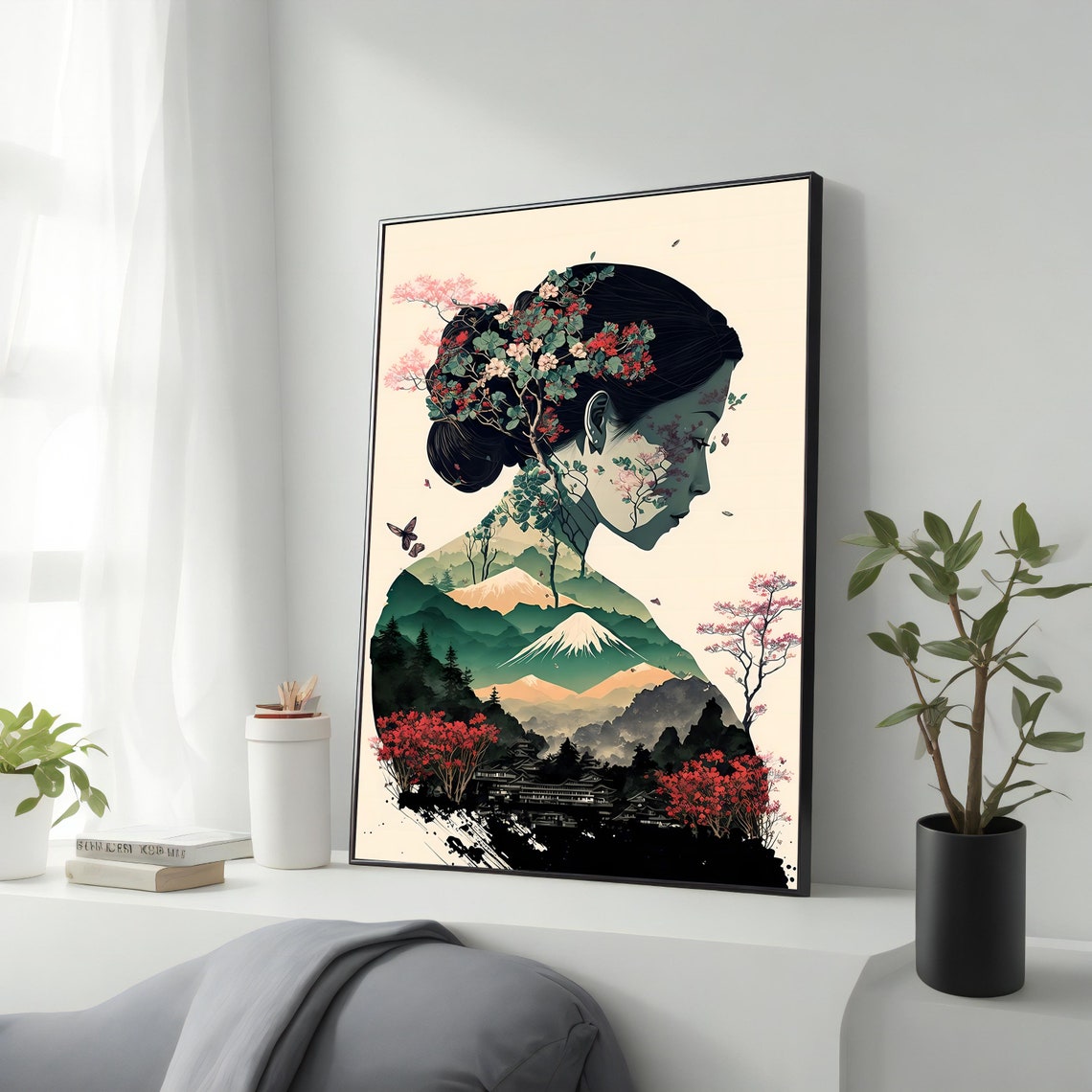 Woman Profile Silhouette Mount Fuji Pagoda Cherry Blossom Art Poster