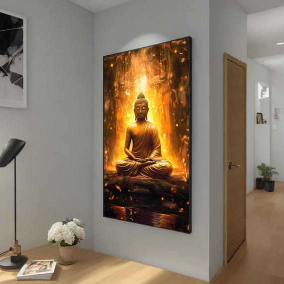 Golden Buddha Meditation Painting Zen Spiritual Decor Tranquil Buddha Painting Enlightenment Gift Ready To Hang Gift Idea