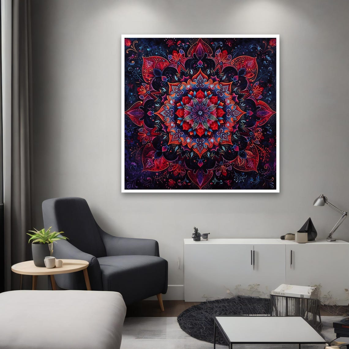 Vivid Red Purple Mandala On Dark Navy Glowing Bohemian Zen Wall Poster - Image 2