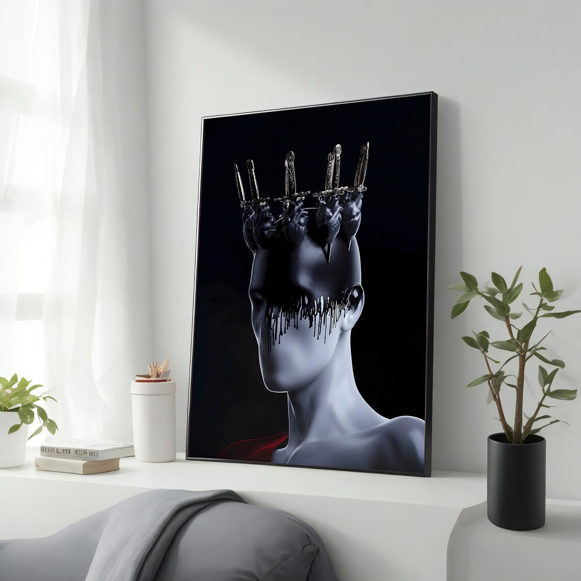 Knife Crown Dark Surreal Portrait Dripping Black Paint Art Poster