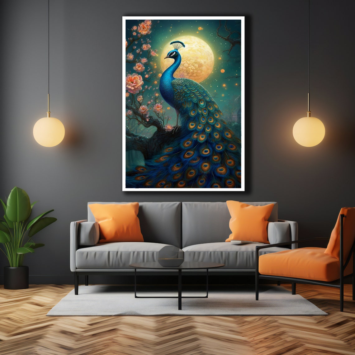 Moonlit Peacock Cherry Blossom Night Garden Turquoise Blue Wall Poster - Image 3