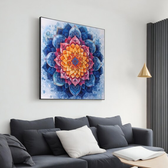 Blue Orange Pink Watercolor Mandala Floral Meditation Zen Wall Poster