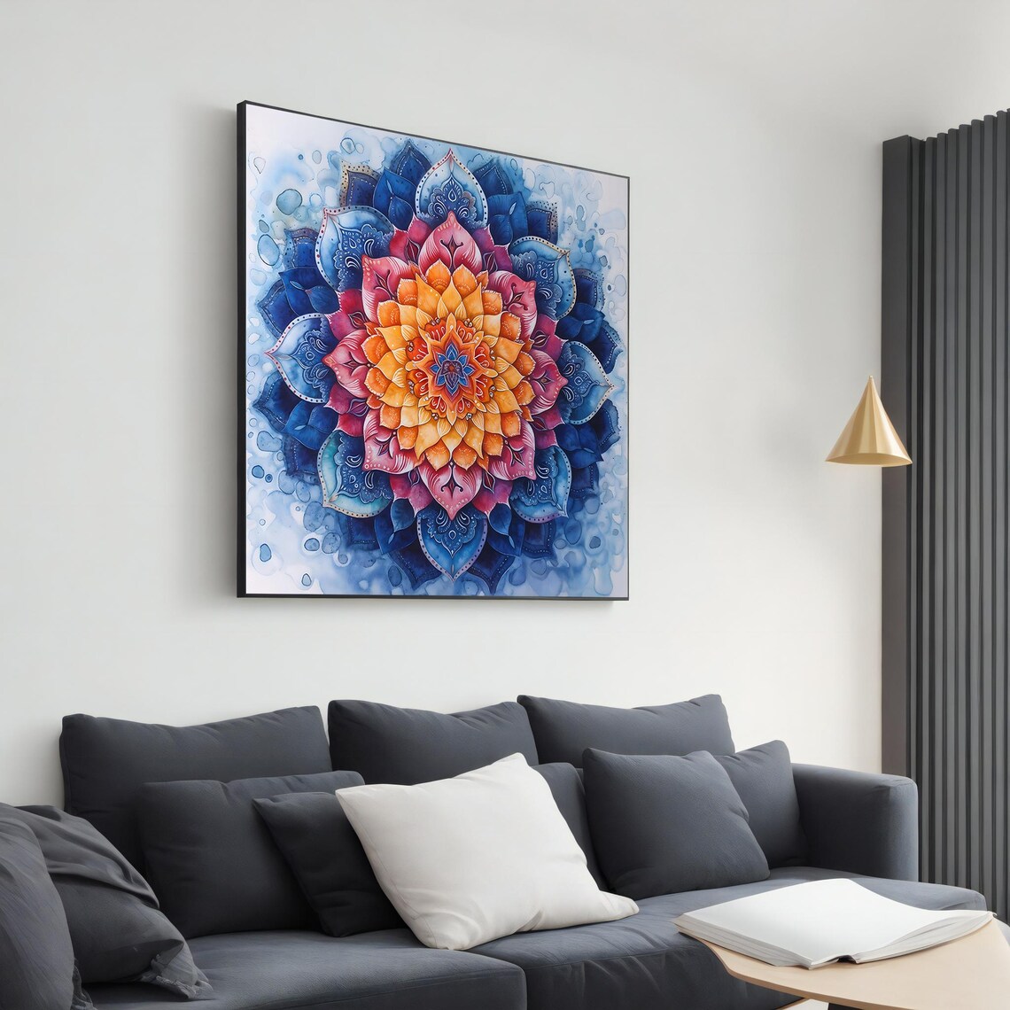 Blue Orange Pink Watercolor Mandala Floral Meditation Zen Wall Poster