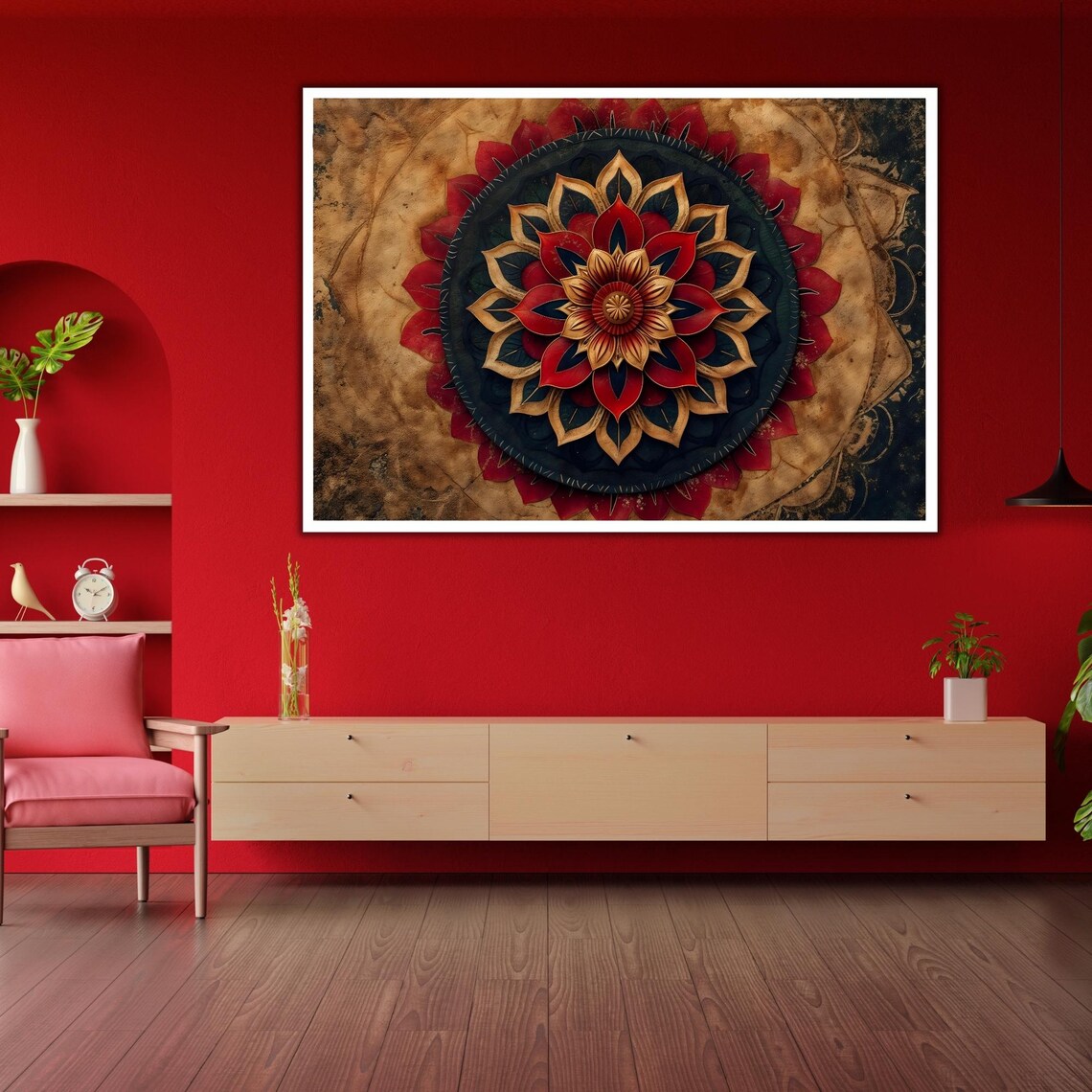 Red Gold Black Floral Mandala Vintage Parchment Boho Spiritual Wall Poster - Image 2