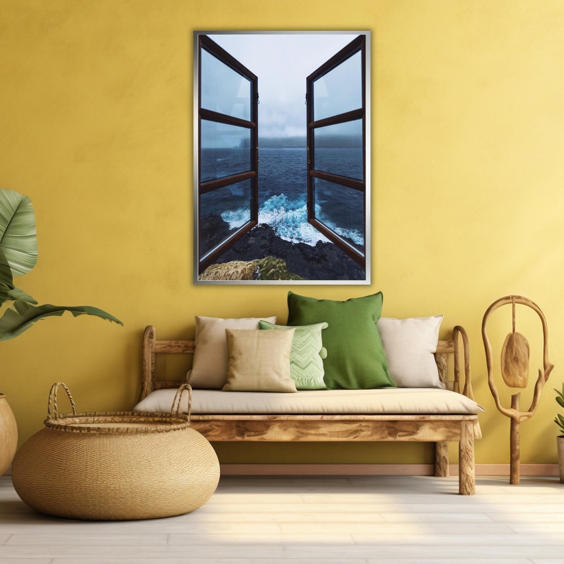Open Window Ocean Waves Rocky Coast Faux Window View Art Poster - Image 3