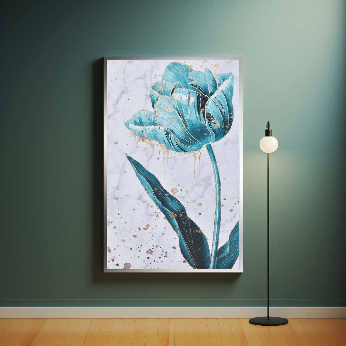 Teal Tulip With Gold Splatter on Marble Elegant Blue Floral Wall Art - Image 4