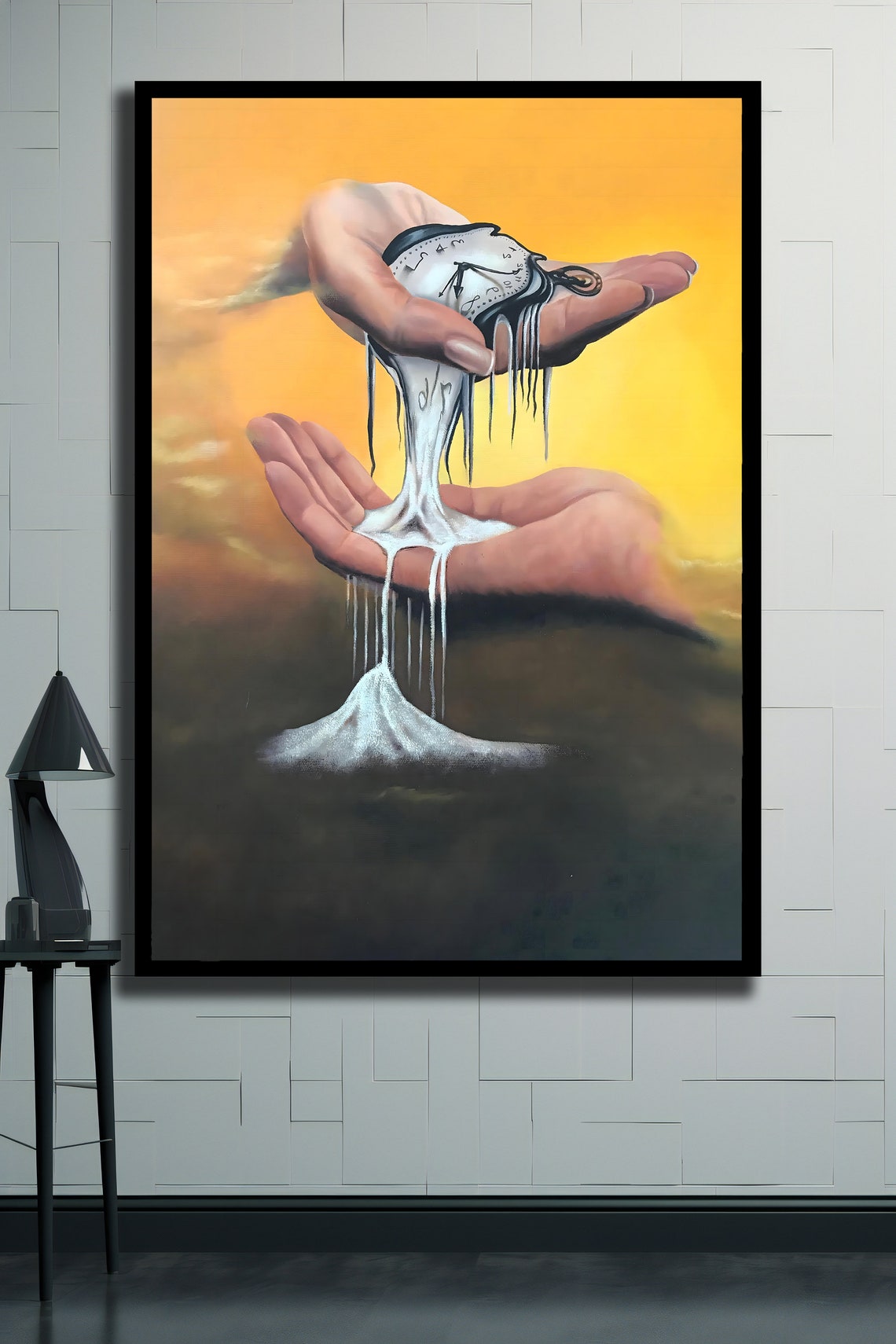 Melting Clock Held By Hands Golden Sunset Surreal Time Art Poster - Image 2