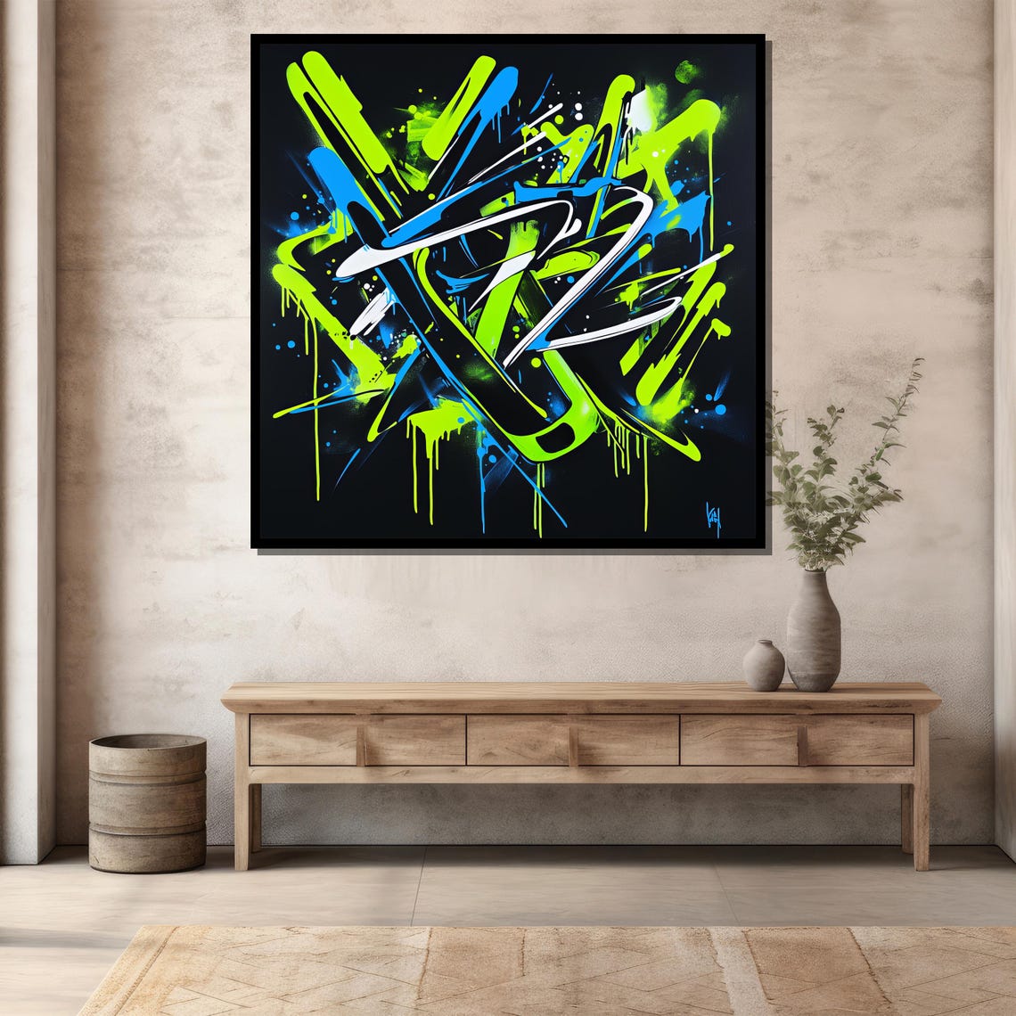 Neon Graffiti Abstract Lime Green Blue Bold Drip Street Art Print - Image 4