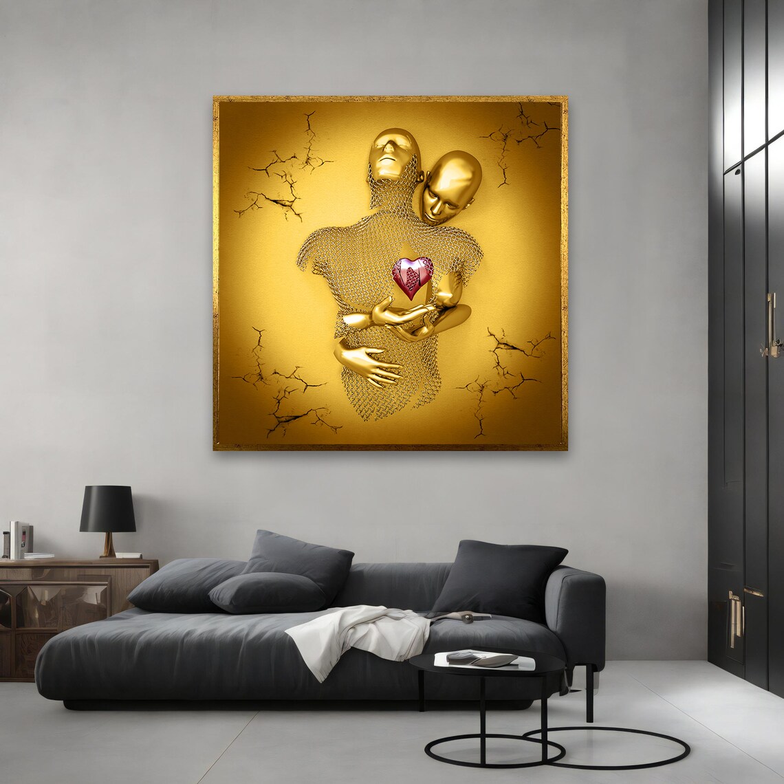 Golden Embrace Metallic Couple Heart Emotional Modern Wall Art - Image 2