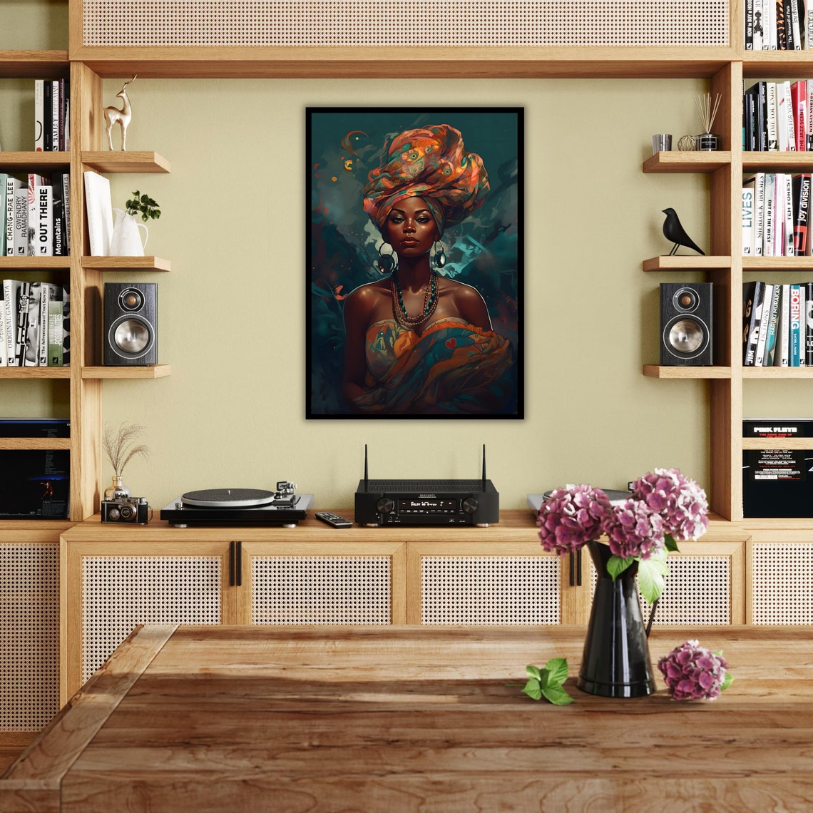 African Woman Patterned Headwrap Jewelry Emerald Portrait Art Poster - Image 2