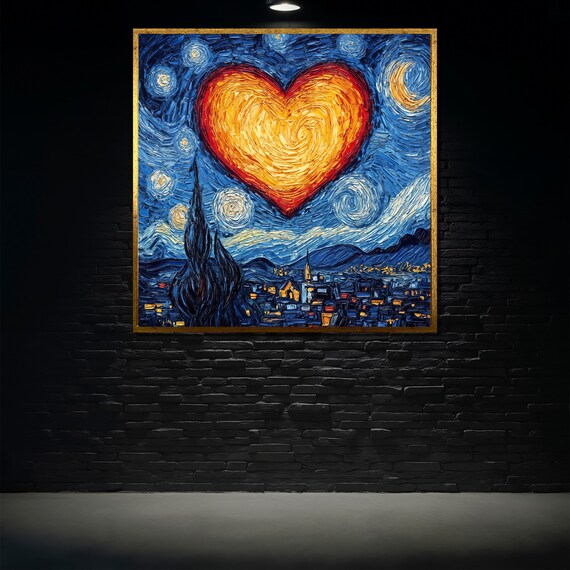 Starry Night Style Heart Over Village Impasto Swirl Painting Art Poster