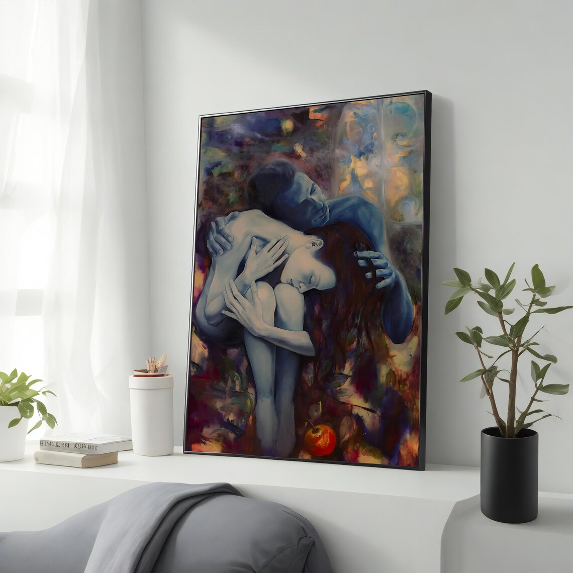 Tender Embrace Romantic Couple Painting Blue Violet Lovers Wall Art