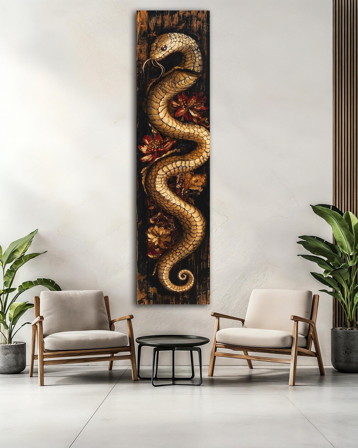 Golden Snake Print Long Thin Wall Art Snake Vertical Wall Art Unique Home Decor For Nature Lovers And Gift Enthusiasts - Image 2
