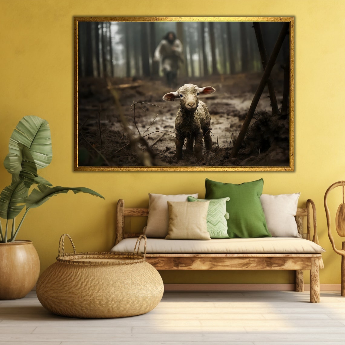 Jesus Running After Lost Lamb Misty Forest Panoramic Religious Poster - Image 4