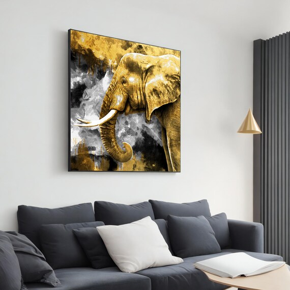 Majestic Golden Elephant Portrait Luxury Wildlife Painting Large Wall Poster