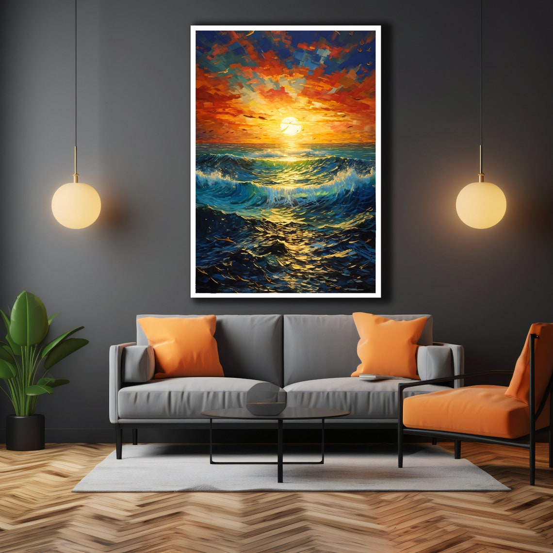 Ocean Sunset Impasto Painting Sun Over Rolling Blue Waves Poster - Image 3