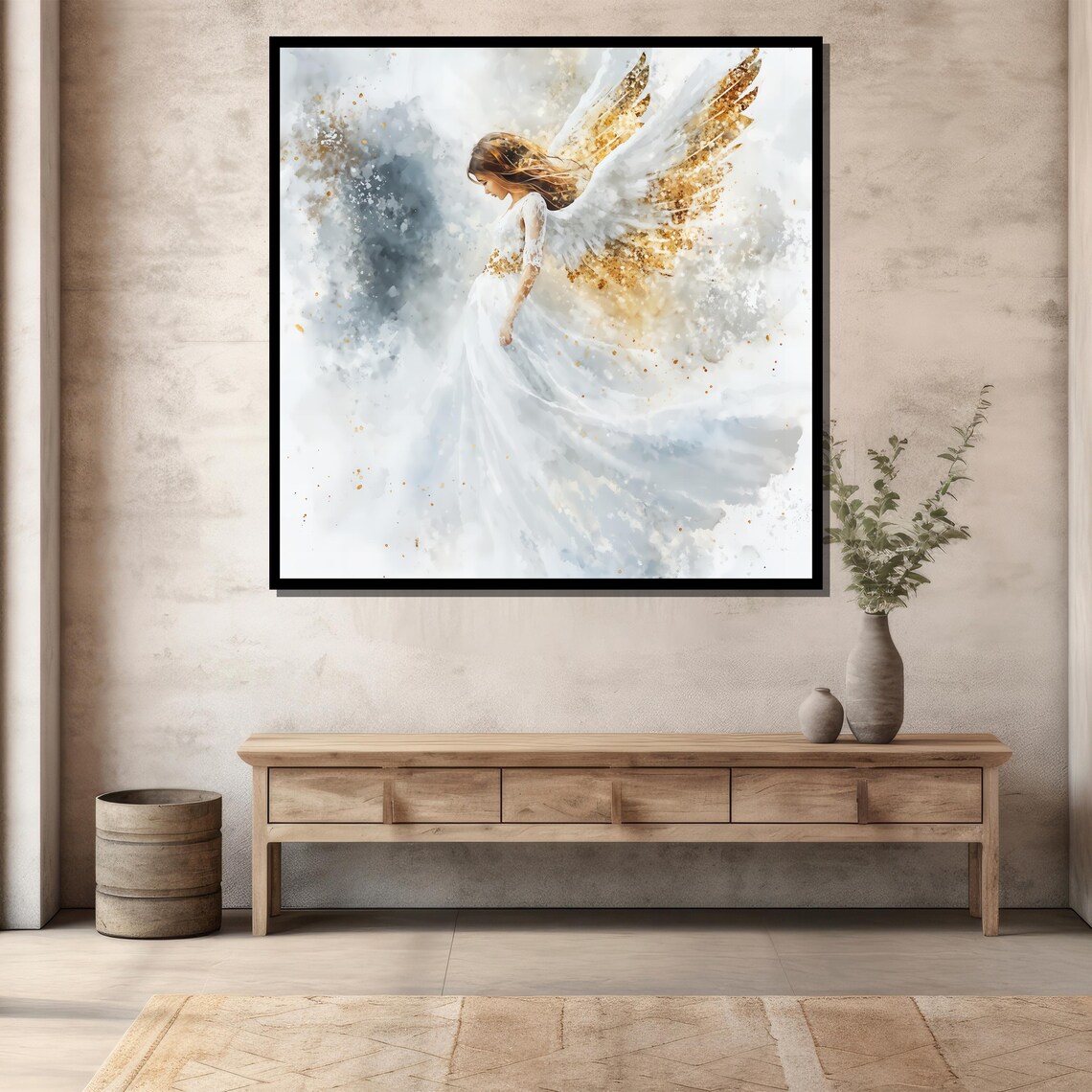 Golden Angel Painting Elegant Guardian Angel Wall Art Spiritual Angelic Decor White Gold Wings Artwork Gift For Home Church - Image 3