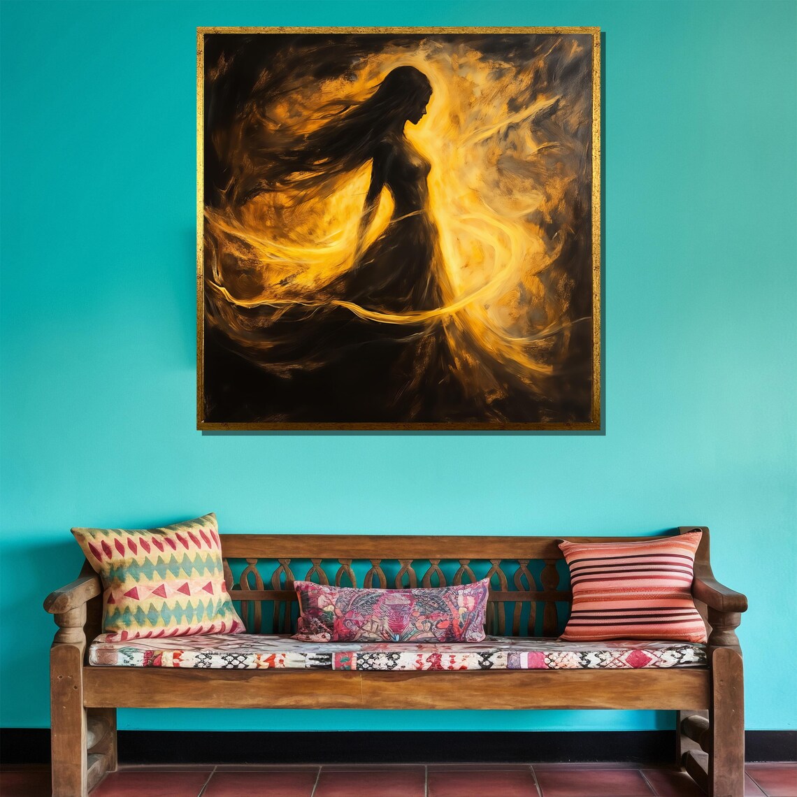 Mystical Woman in Golden Flames Dark Fantasy Abstract Silhouette Poster - Image 4