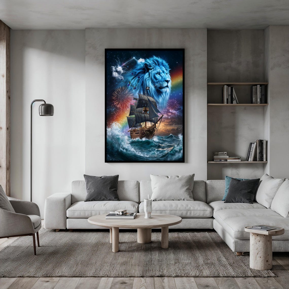 Majestic Blue Lion Fantasy Pirate Ship Fireworks Night Sky Wall Poster - Image 2
