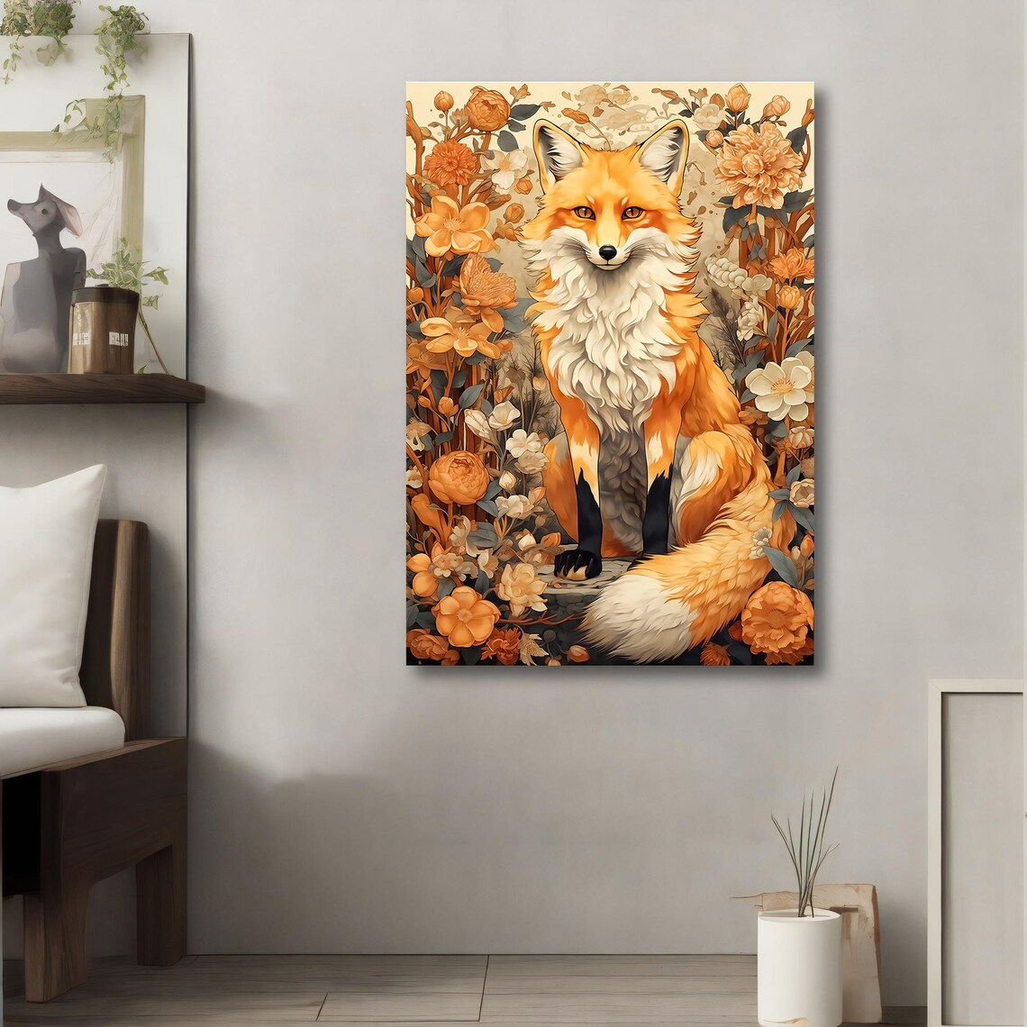 Red Fox Among Orange Blossoms Autumn Floral Wildlife Illustration Poster - Image 4