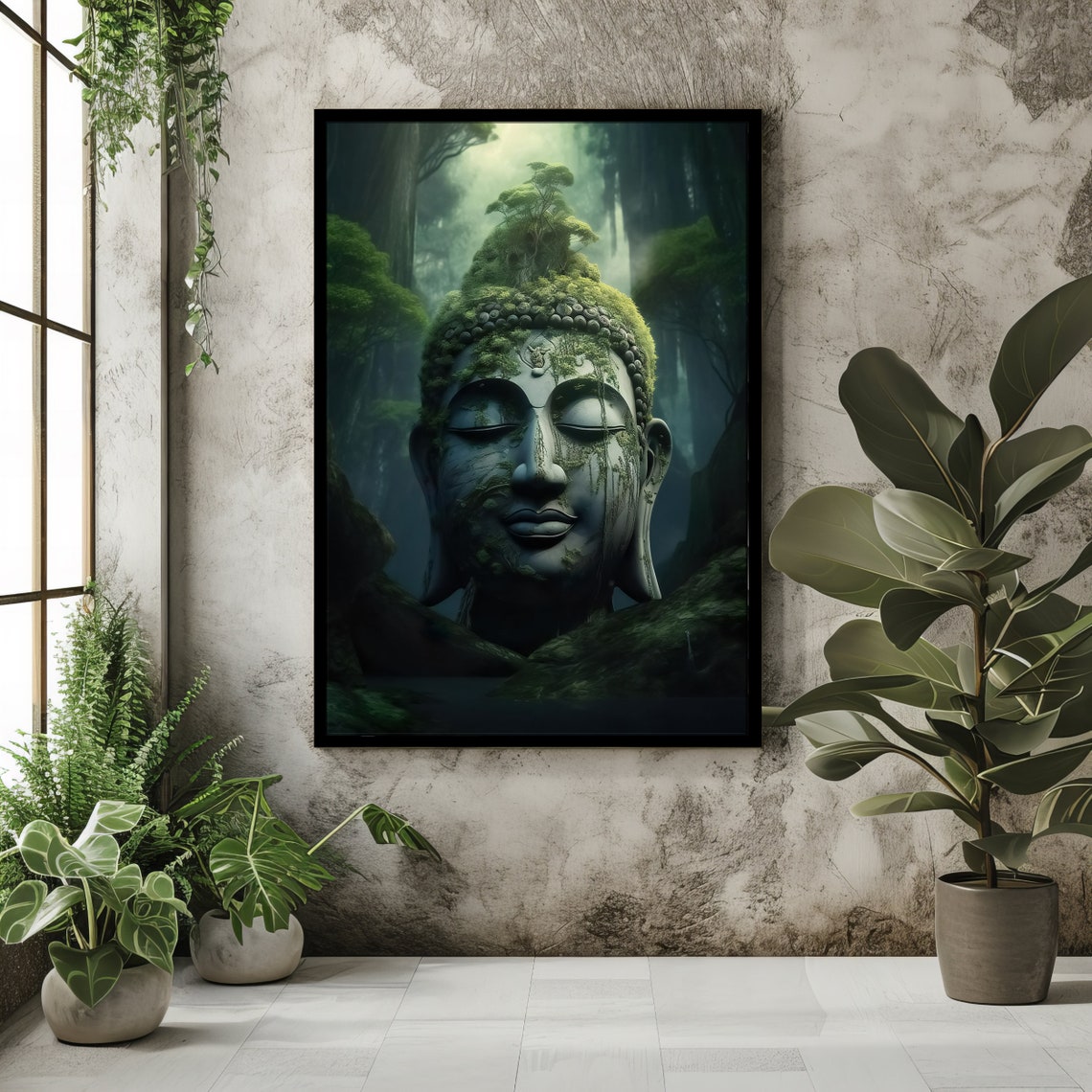 Moss Covered Buddha Head Stone Statue In Misty Forest Zen Wall Art - Image 2