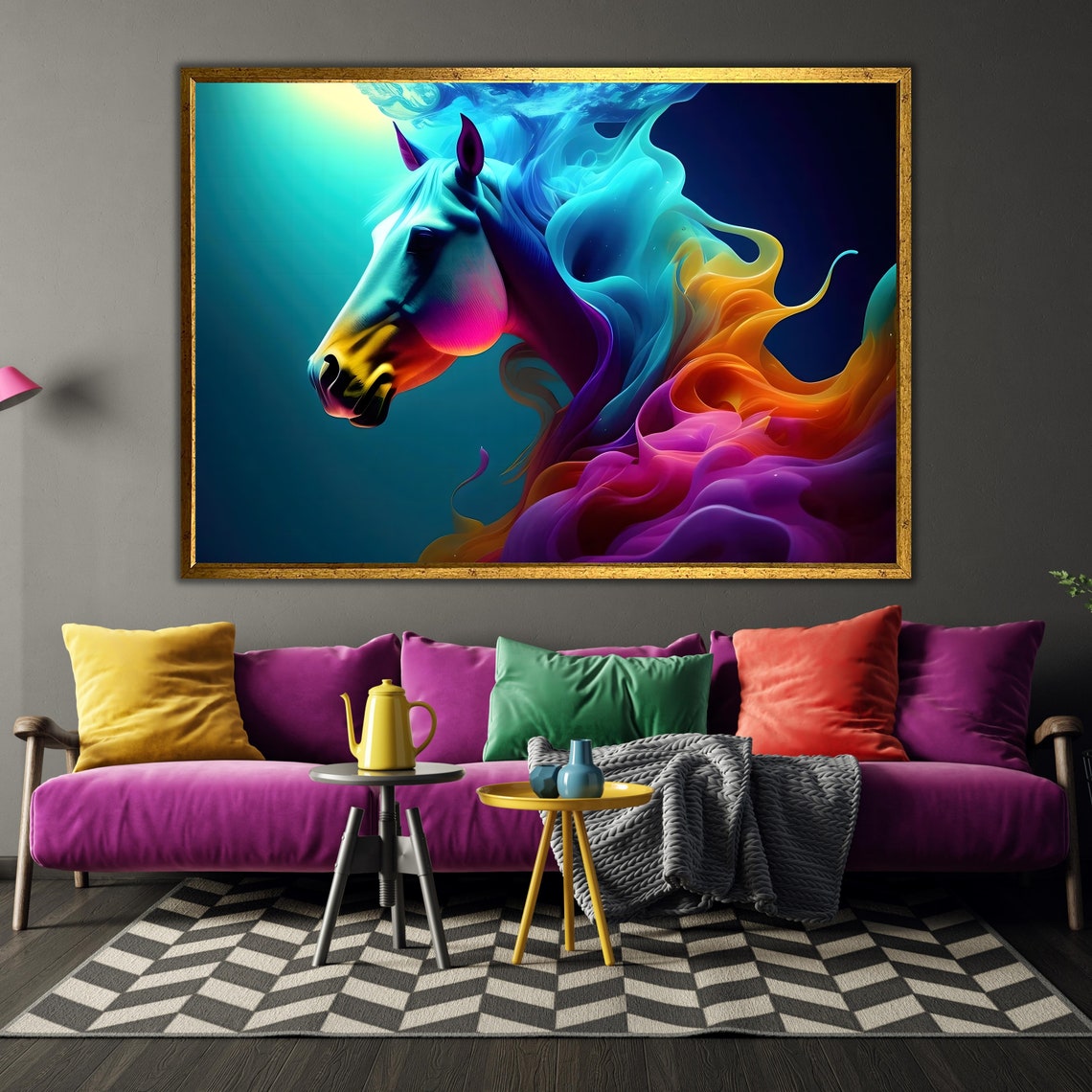 Neon Horse Head Rainbow Smoke Colorful Digital Abstract Art Poster - Image 3