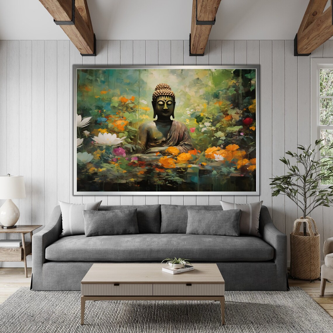 Buddha Statue Colorful Flower Garden Zen Meditation Art Poster - Image 4