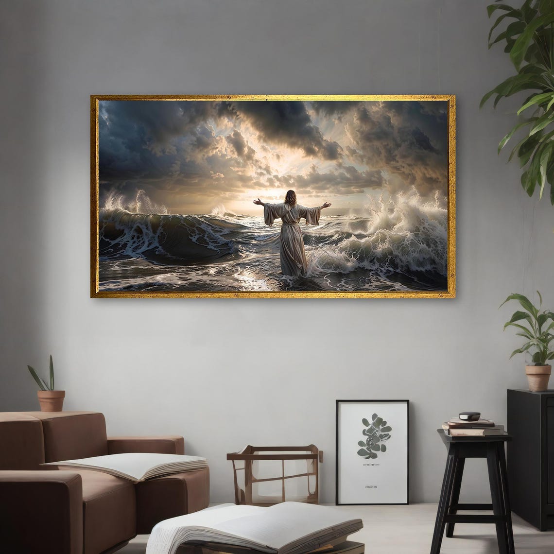 Jesus Walking On Water Ocean Waves Dramatic Christian Art Print - Image 4