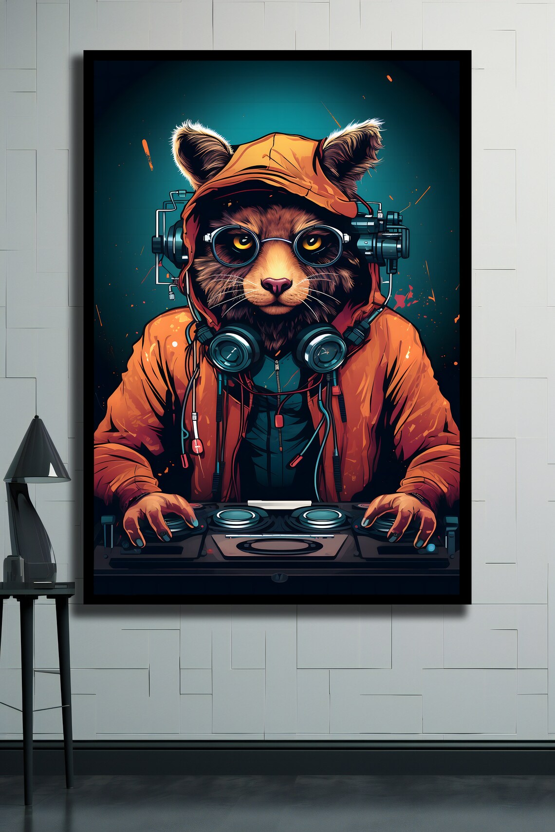 Cat DJ In Hoodie With Headphones Mixing Decks Funny Music Art Poster - Image 2