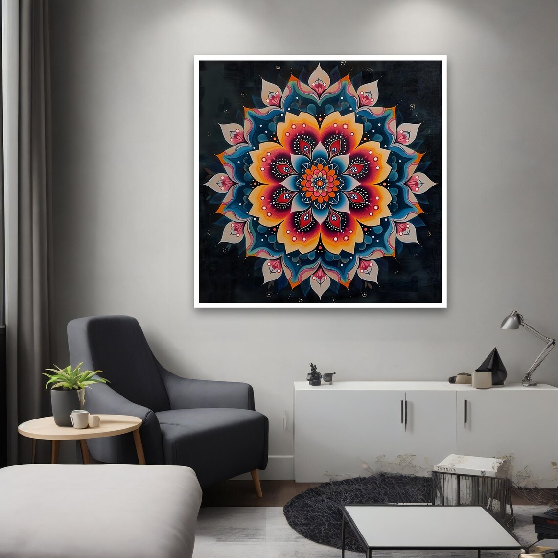 Colorful Floral Mandala Orange Pink Blue On Black Bohemian Zen Wall Poster - Image 2