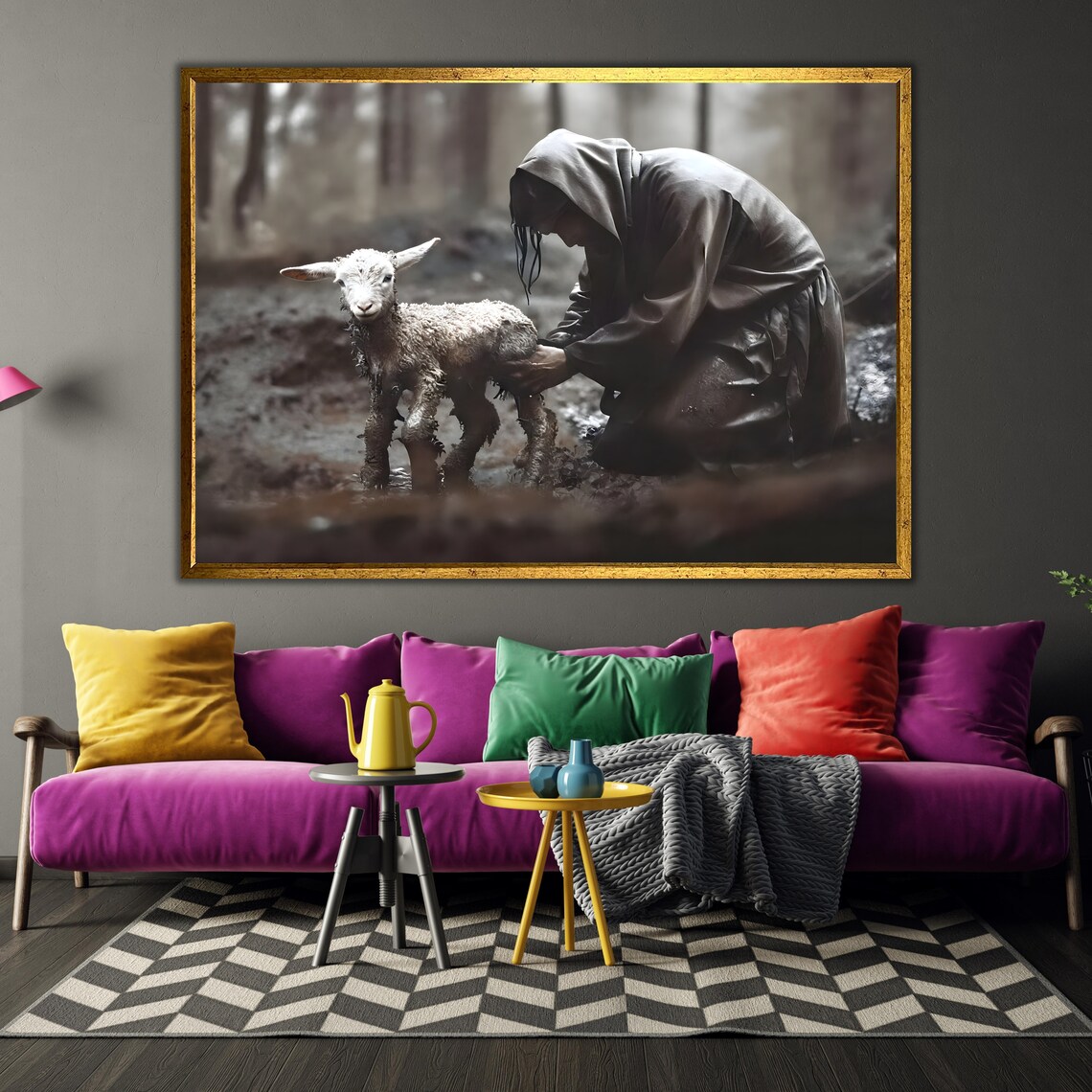 Jesus Cleansing The Muddy Lamb Hooded Figure Moody Christian Art Poster - Image 3