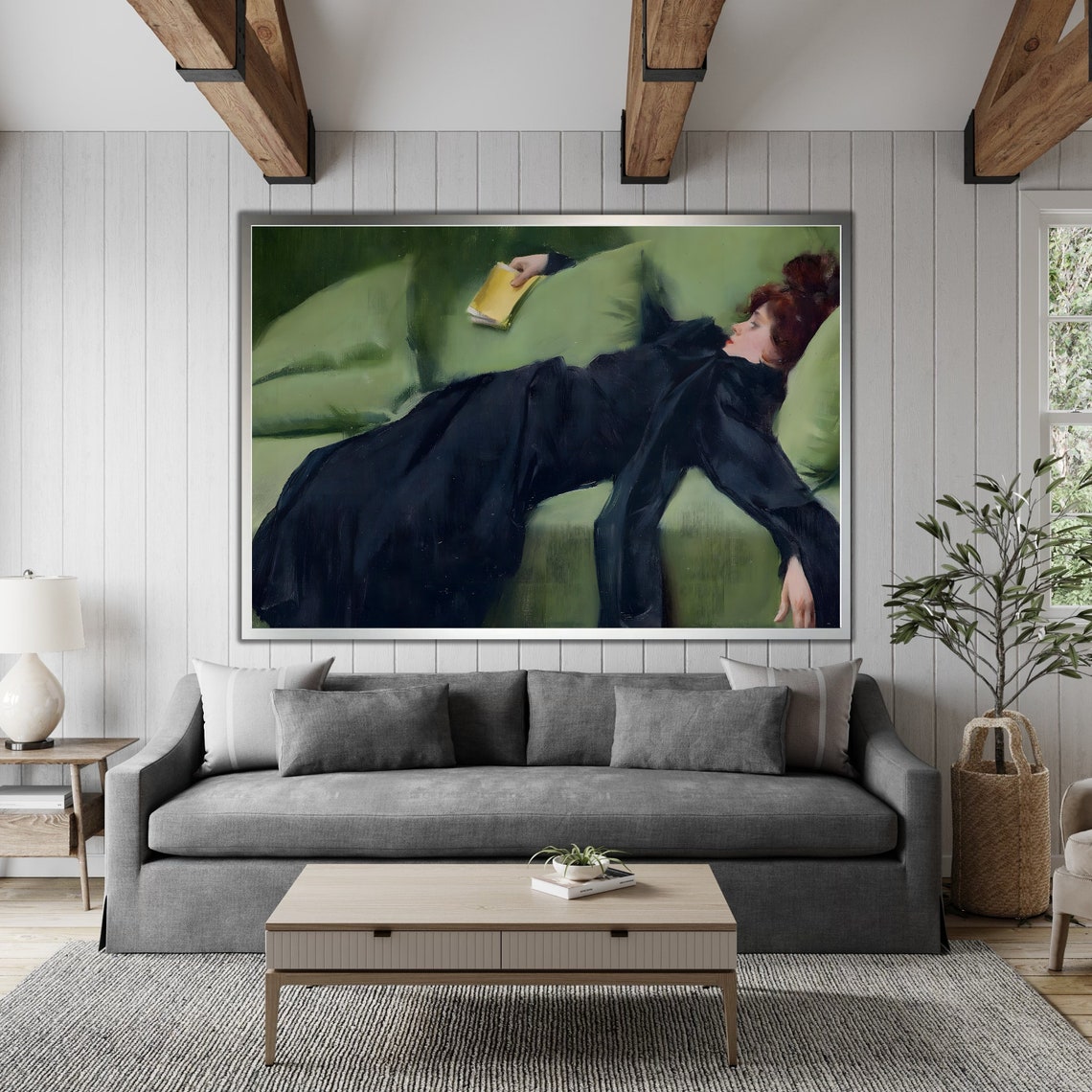 Woman In Dark Dress Reclining On Green Sofa Reading Book Art Print - Image 4