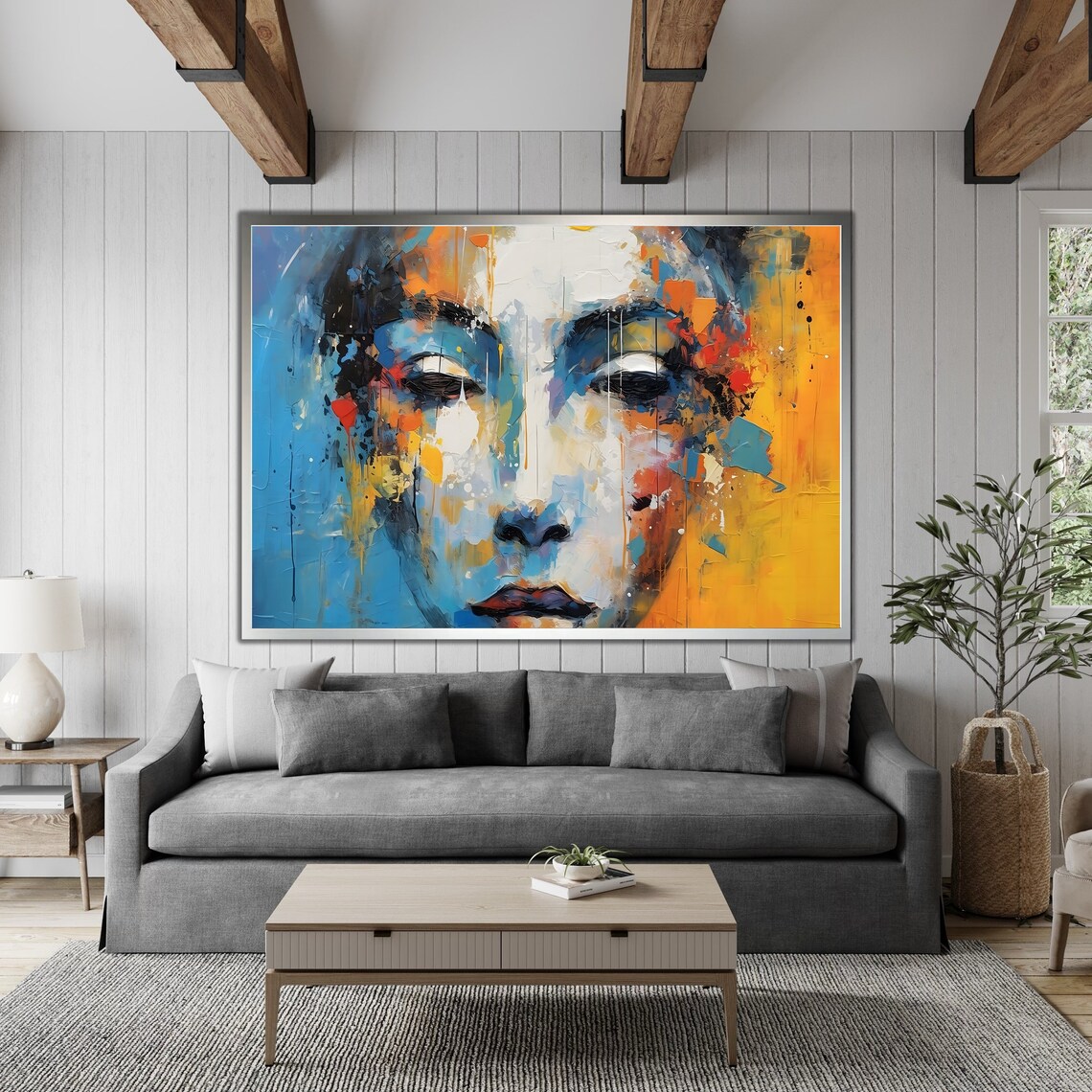Abstract Female Face Oil Painting Blue Orange Splash Modern Art Poster - Image 3