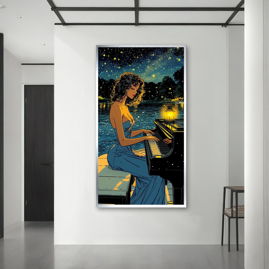 Woman Playing Grand Piano by Moonlit Lake Starry Night Music Art Poster - Image 3