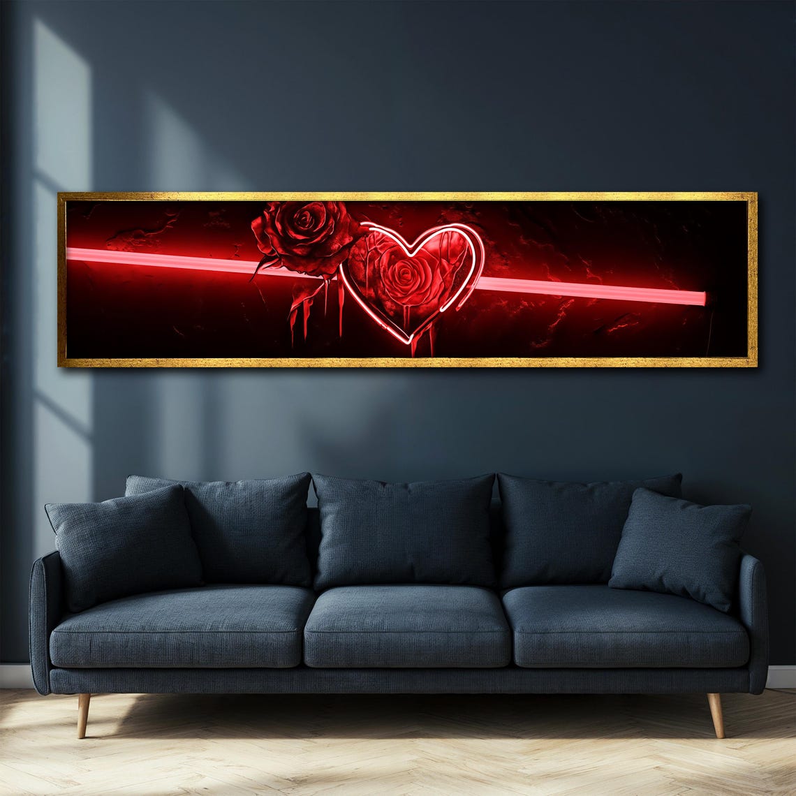 Red Neon Heart and Rose Romantic Panoramic Modern Wall Art Poster