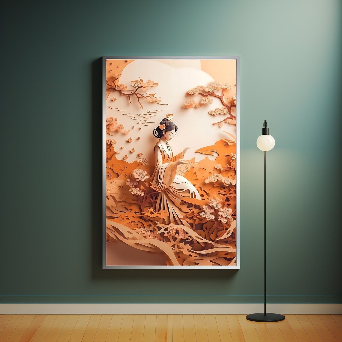 Paper Cut Style Woman in White Kimono Autumn Floral Ocean Art Poster - Image 4