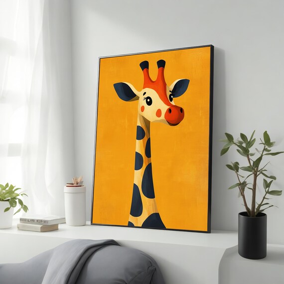 Playful Cartoon Giraffe Mustard Yellow Background Kids Room Wall Art Poster