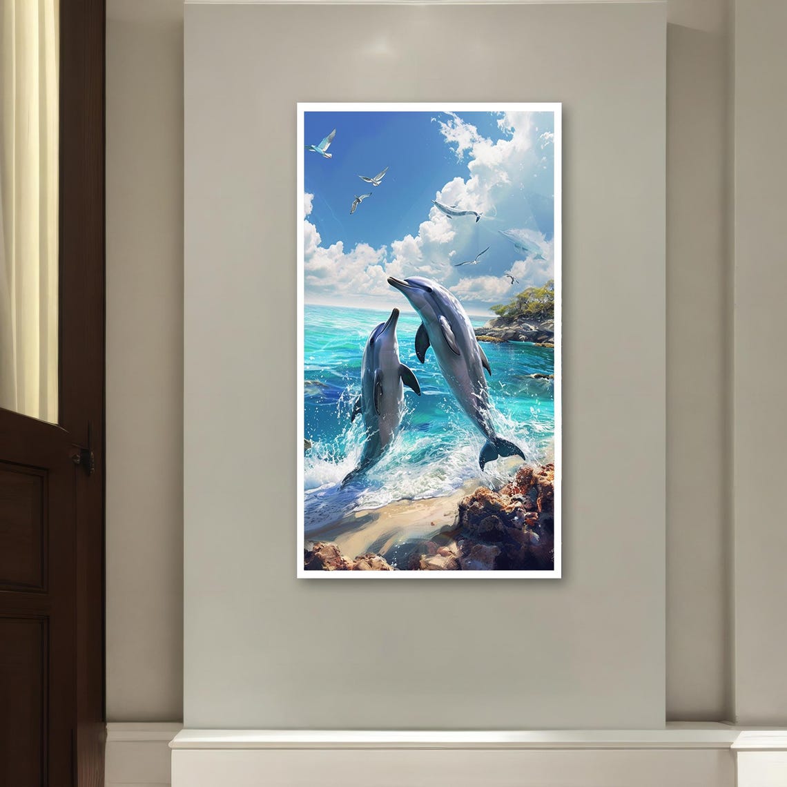 Two Dolphins Leaping from Turquoise Ocean Surf Playful Sea Art Poster - Image 2