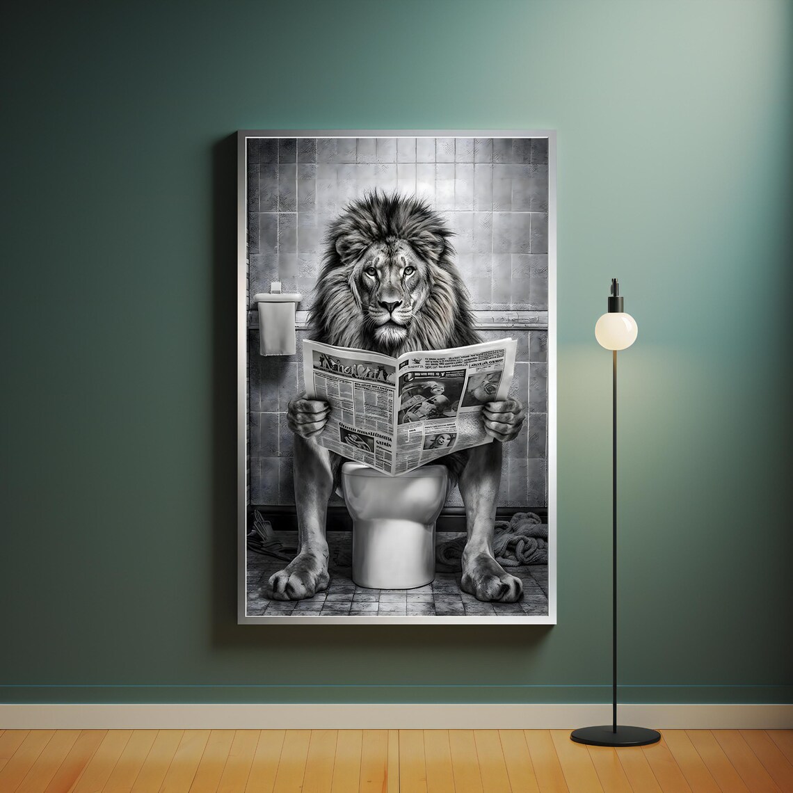 Funny Lion Reading Newspaper On Toilet Black White Bathroom Poster - Image 4