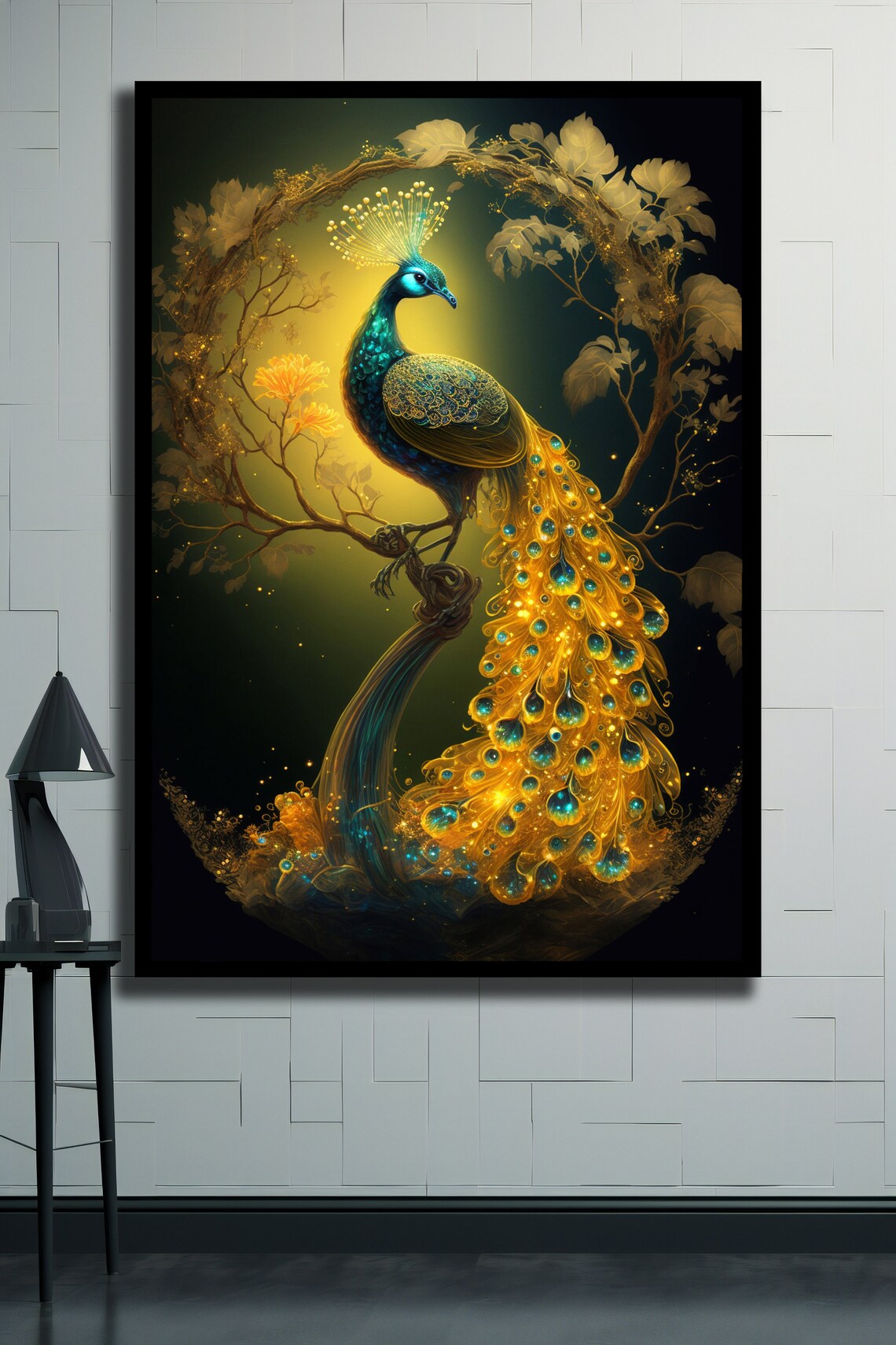 Golden Peacock Perched Under Floral Wreath Dark Glam Art Poster - Image 2