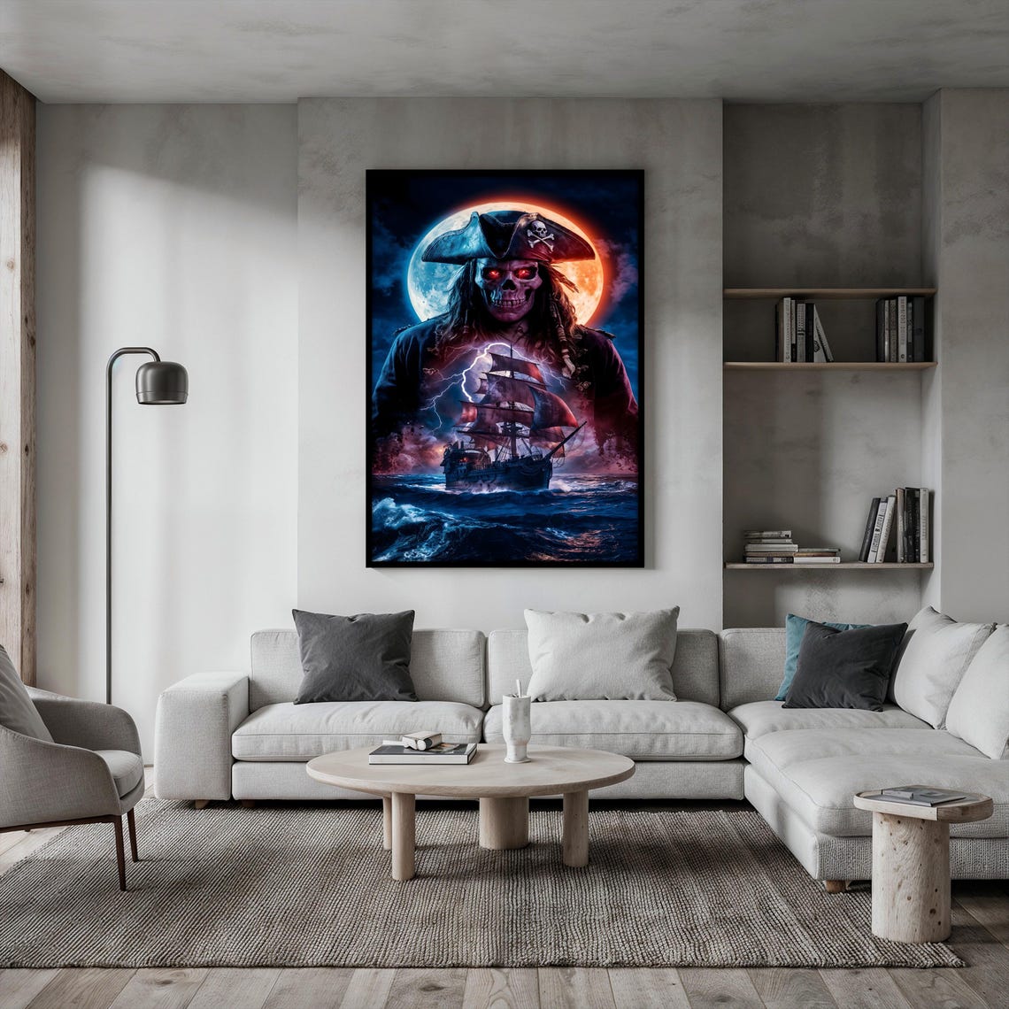 Haunting Pirate Skull Painting Ghost Ship And Full Moon Wall Art Dark Nautical Wall Decor Pirate Skull Wall Art Gift Idea - Image 2