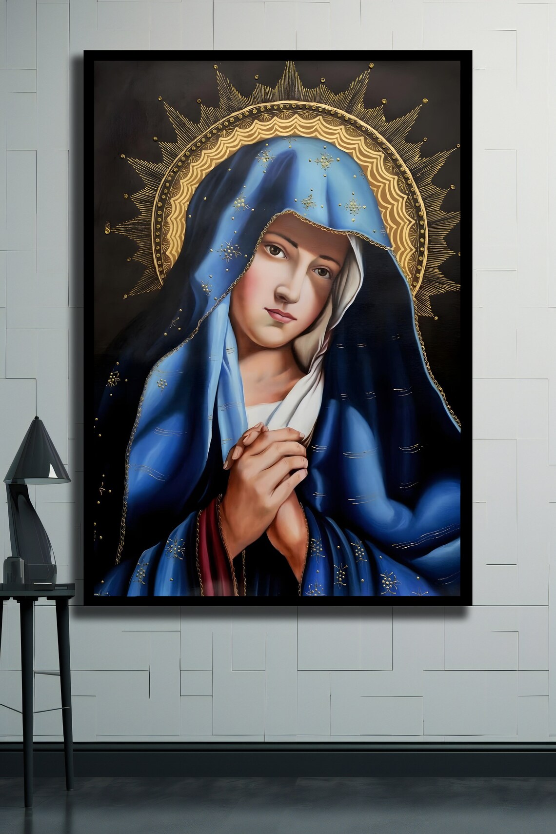 Virgin Mary In Blue Mantle With Golden Halo Sacred Catholic Art Poster - Image 2
