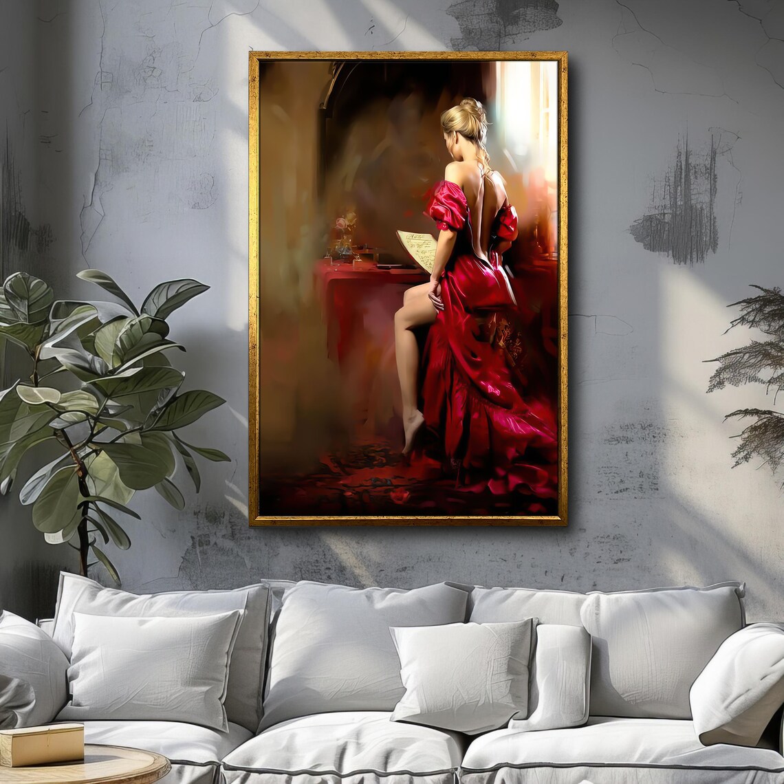 Elegant Woman In Red Satin Gown Seated Reading Letter Art Wall Poster - Image 3