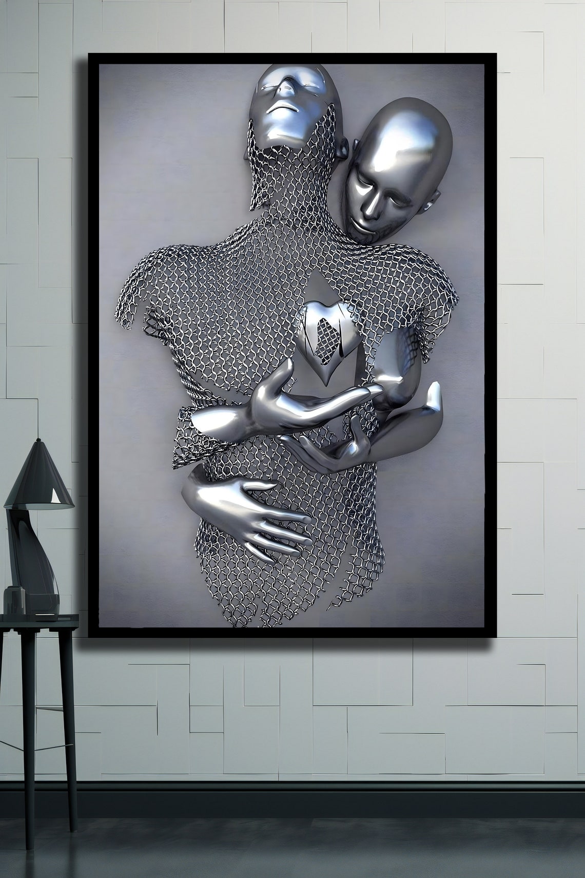 Silver 3D Metallic Couple Hugging Sculpture Modern Love Wall Art - Image 2