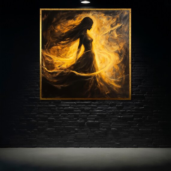 Mystical Woman in Golden Flames Dark Fantasy Abstract Silhouette Poster