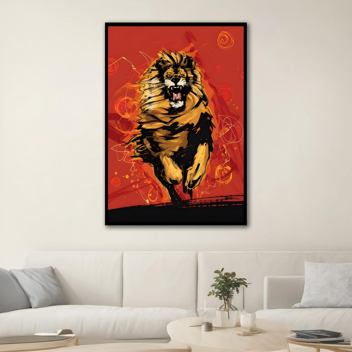 Fierce Roaring Lion Leaping Bold Red Orange Abstract Wildlife Poster - Image 2