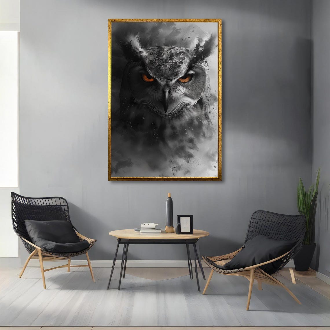 Black Owl Intense Orange Eyes Dark Moody Wildlife Portrait Poster - Image 4