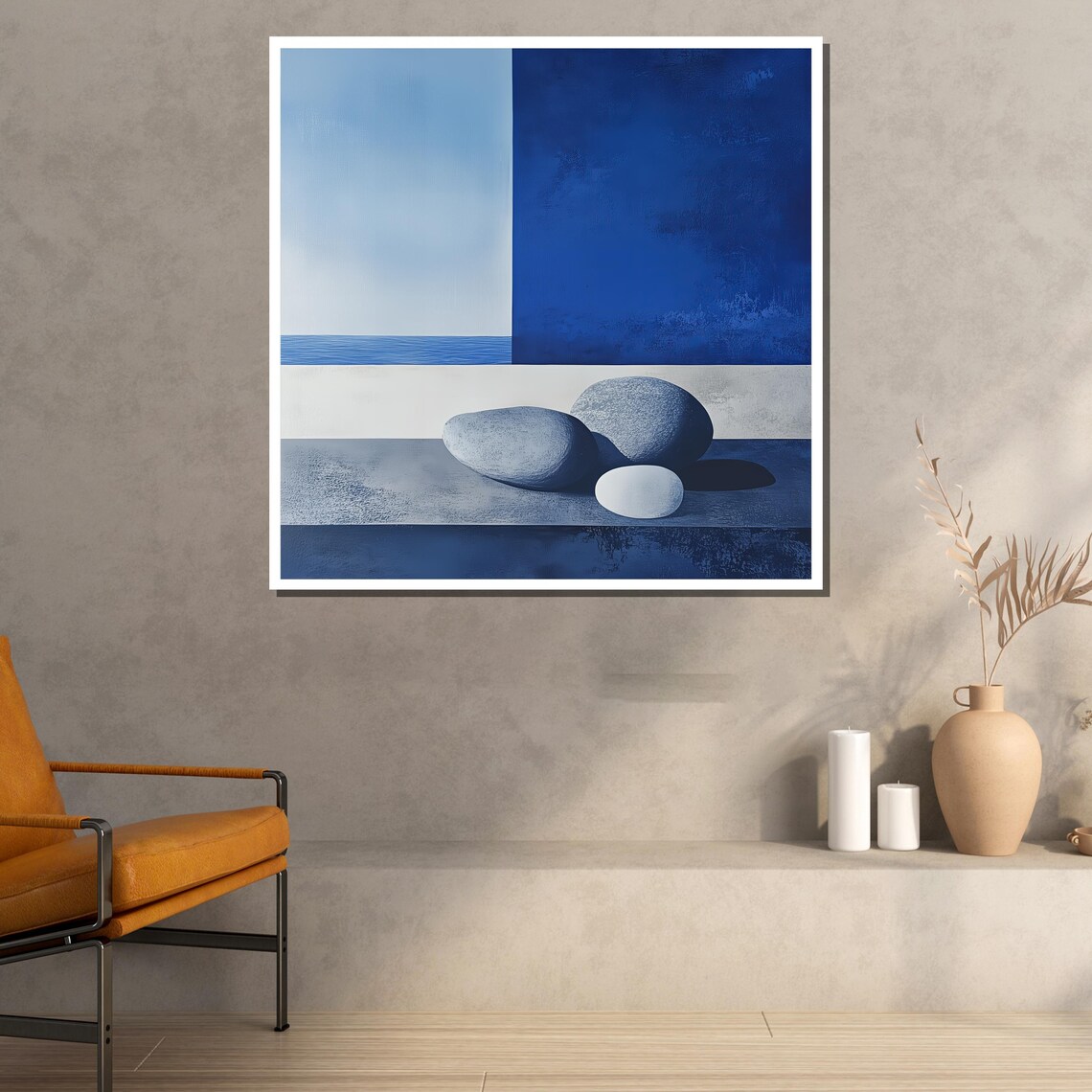 Minimalist Zen Stones Blue Sea Beach Abstract Serene Art Print - Image 3