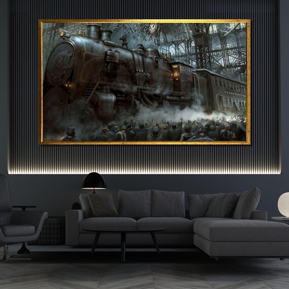 Vintage Steampunk Train Painting Industrial Wall Art For Living Room Retro Locomotive Artwork Unique Gift For Train Enthusiasts